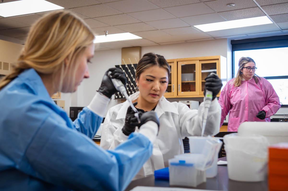 Students using pipettes in a chemistry lab setting